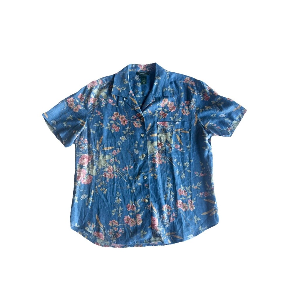 Vintage 90s Lauren Ralph Lauren Shirt Women M Floral Linen Cottagecore Coastal